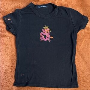 Brandy Melville Vintage Distressed Black T-Shirt with Colorful Dragon Design
